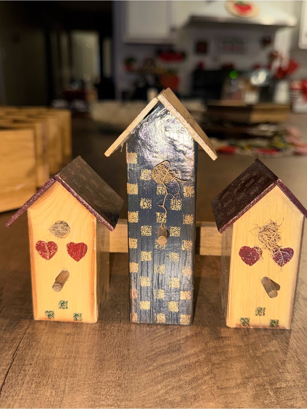 Vintage  Wooden Birdhouse Trio - Natural Wood with Red Hearts & Navy Check